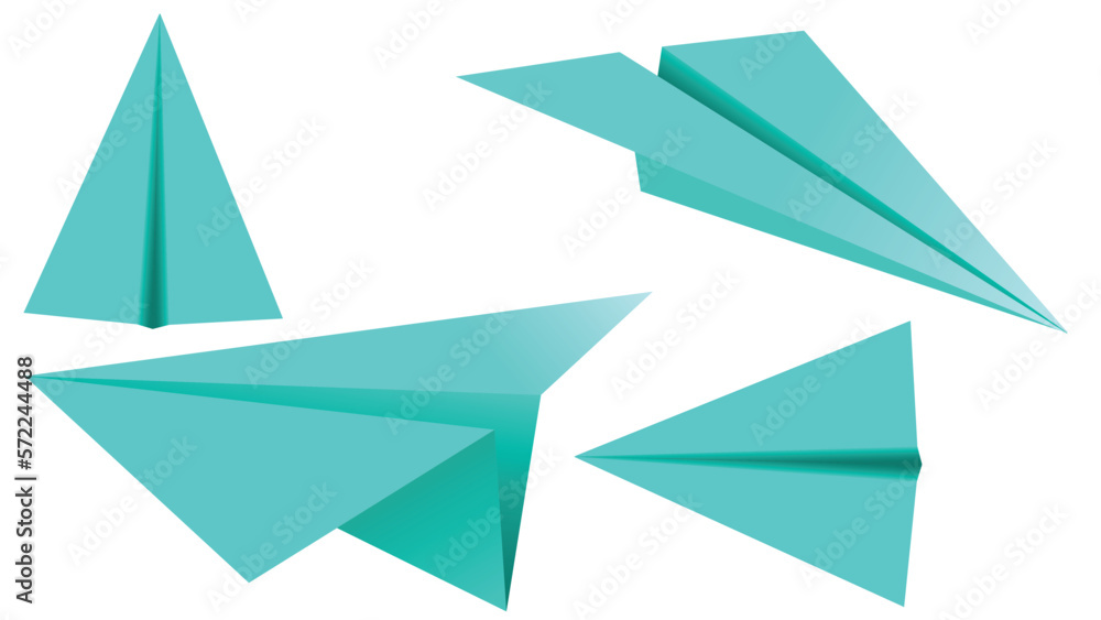 set of blue paper planes 3D model jet. Different view paper airplanes