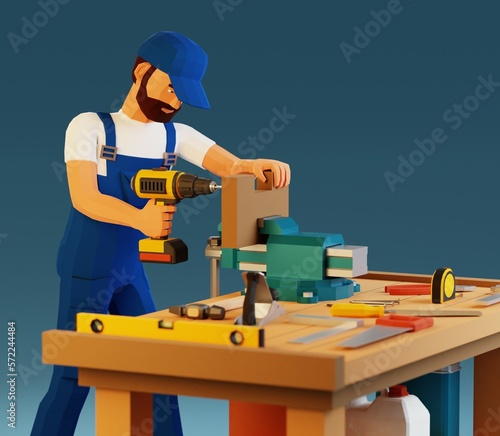 3d handyman drilling a board clamped in vise with a electric drill. Carpenter at work. 3D illustration © Agor2012