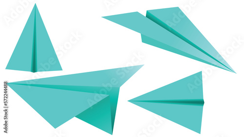 set of blue paper planes 3D model jet. Different view paper airplanes isolated on transparent background – stock vector