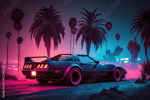 Illustration of a 80s style vaporwave retro futuristic supercar in a blue and pink neon cyber digital Miami city .Generative AI  © Michael