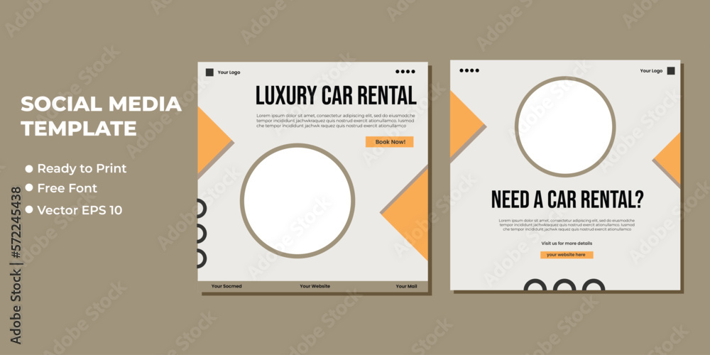 editable square banner template. Car rental banner background. Flat design vector with photo collage. Usable for social media, story and web internet ads.