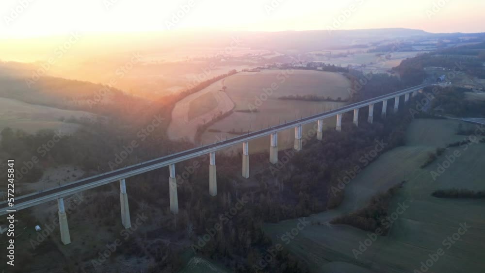 Panoramic drone view of the railway viaduct for high-speed trains. Overlooking the surrounding mountains in southern France Panoramic drone view of the railway viaduct for high-speed trains. Overlooking the surrounding mountains in southern France