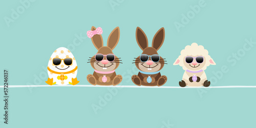 Schaf, 2 Osterhasen Mädchen/Junge & Osterei Sonnenbrille Banner Türkis