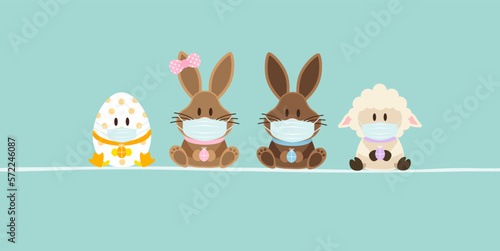 Schaf, 2 Osterhasen Mädchen/Junge & Osterei Maske Banner Türkis