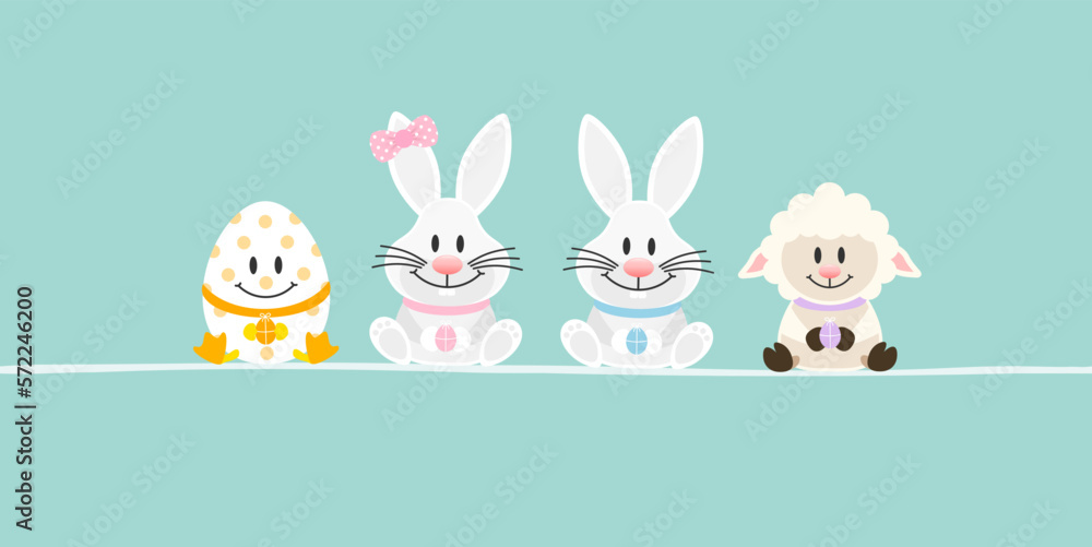 Osterei, 2 Weiße Osterhasen Mädchen/Junge & Schaf Banner Türkis Osterei, 2 Weiße Osterhasen Mädchen/Junge & Schaf Banner Türkis