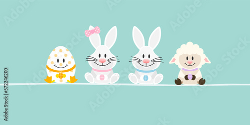 Osterei, 2 Weiße Osterhasen Mädchen/Junge & Schaf Banner Türkis