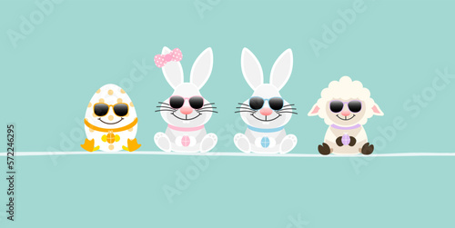 Osterei, 2 Weiße Osterhasen Mädchen/Junge & Schaf Sonnenbrille Banner Türkis