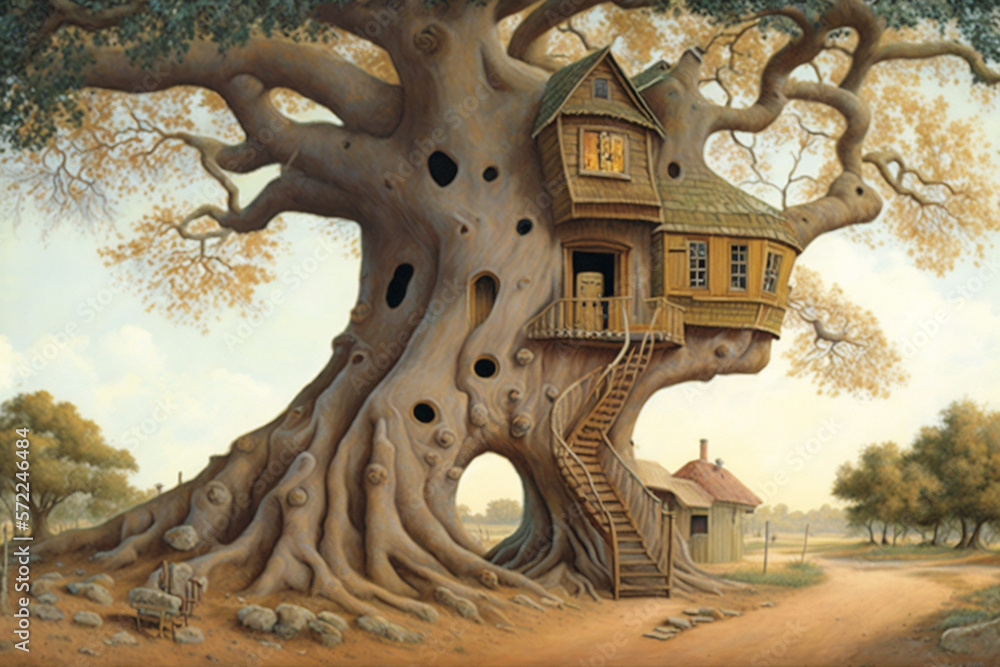 vintage house on  tree, generative ai