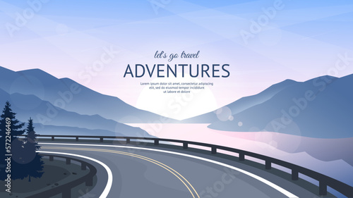 Road in the mountains along the river. Asphalted road with markings. Mountain landscape. Vector illustration. Adventure and trip background.