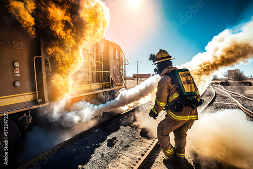 Fireman extinguish Train tanks burning. Wagons freight carrying oil crashed. Generation AI
