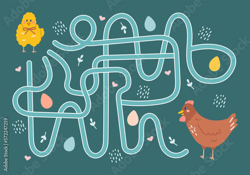 Labyrinth, help the chicken find the way to hen. Logical quest for children. Cute illustration for childrens books, educational game