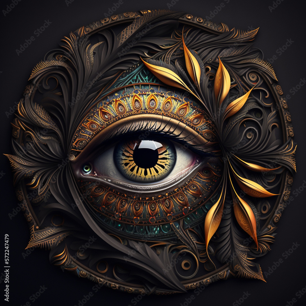 Naklejka premium background golden ornament eye pattern on black background