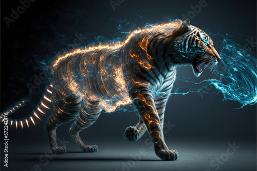An epic tiger depicted in shades of blue and fire, showcasing its fierce and majestic nature.