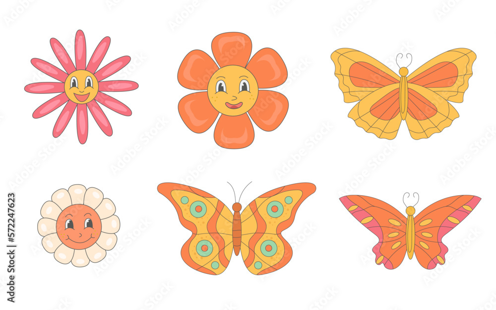 Groovy  set of hippie bright butterflies and daisy flowers in  60s 70s flat style.