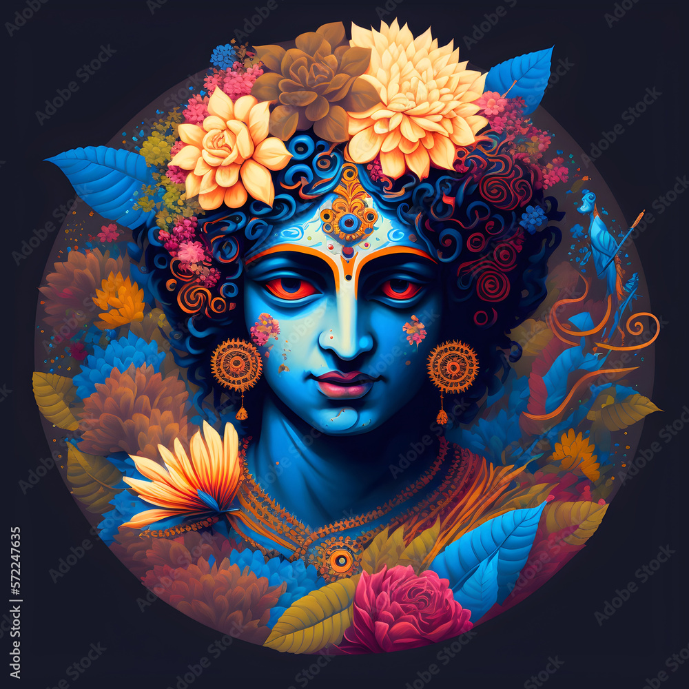 Hindu God Shree Krishna Painting (symbol of Devine Love). Smiling Lord Krishna avatar
