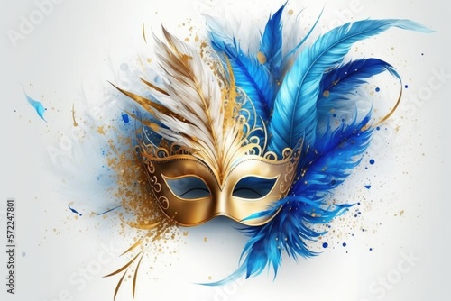 Carnival mask in golden and turquoise on white background. Front view. Generative ai.