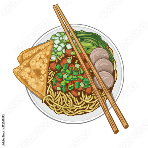 Indonesian Food, Mie Ayam Bakso.  Vector noodles with chicken and vegetables.  Additional meatballs and dumplings for complement suitable for design elements, menus, advertising, banners, or stickers.