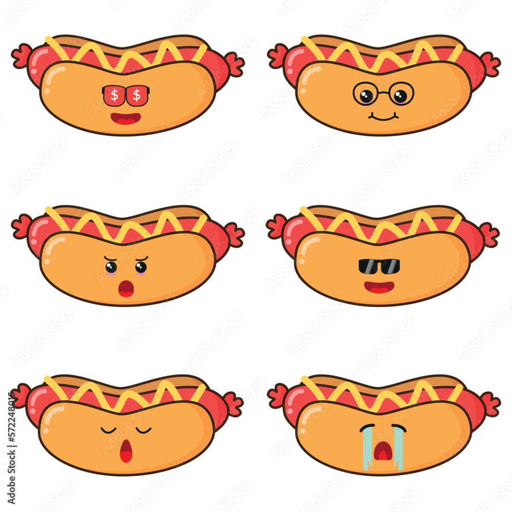 Cute happy hotdog character different pose activity. Junk food different face expression vector illustration sandwich set. Cute happy hotdog character different pose activity. Junk food different face expression vector illustration sandwich set.