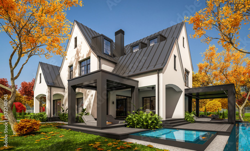 3d rendering of cute cozy white and black modern Tudor style house with parking  and pool for sale or rent with beautiful landscaping. Fairy roofs. Clear sunny autumn day with golden leaves anywhere