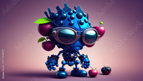 The illustration of a character cyborg blueberry fruit wearing sunglasses. Generative AI.