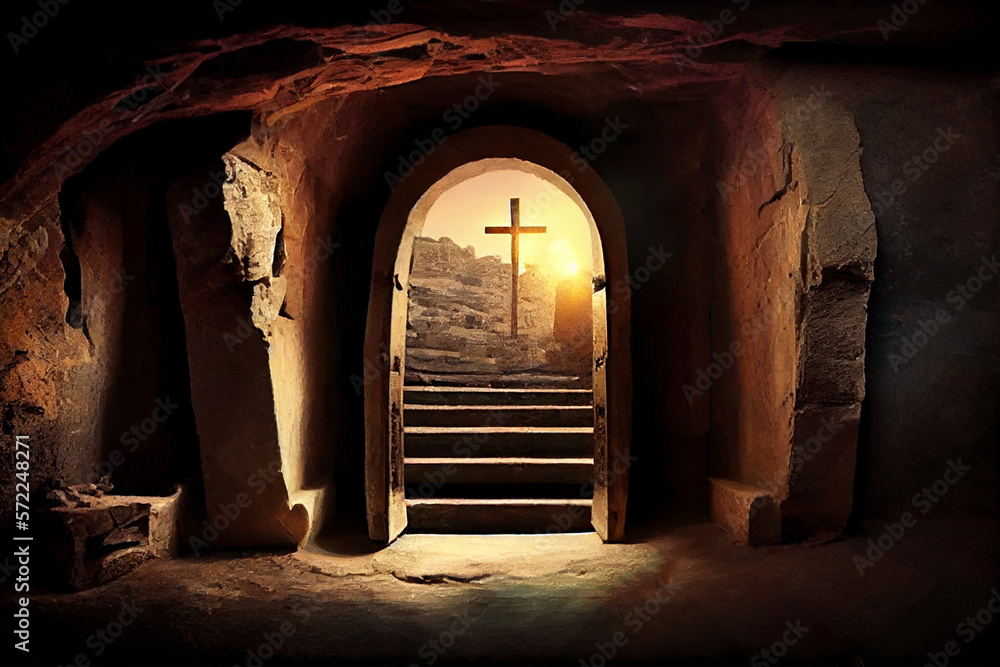 Easter. Empty tomb of Jesus with crosses At Sunrise. Easter. Empty tomb of Jesus with crosses At Sunrise.