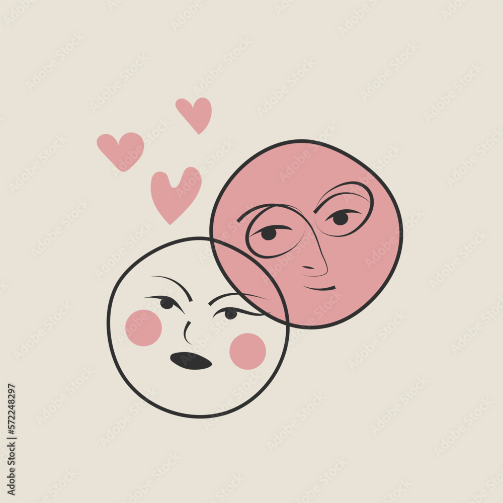 Couple of characters in love, funny vector faces of man and woman Couple of characters in love, funny vector faces of man and woman