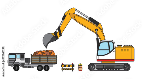 Vector illustration  color children construction excavator crawler and dump truck carrying rocks with construction worker clipart