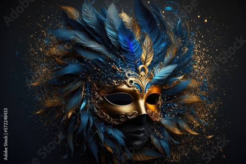 Luxurious carnival mask with golden and blue feathers. Generative ai.