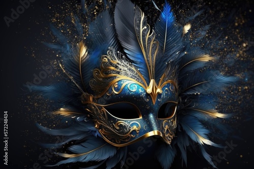 Dark blue carnival mask with gorgeous feathers. Mardi Gras. Generative ai. © FantasyEmporium
