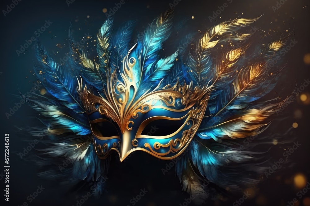 Carnival mask with lavish ultramarine and golden feathers. Mardi Gras. Generative ai. Carnival mask with lavish ultramarine and golden feathers. Mardi Gras. Generative ai.