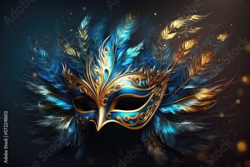 Carnival mask with lavish ultramarine and golden feathers. Mardi Gras. Generative ai.
