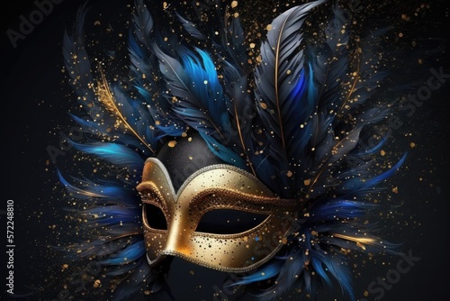 Golden carnival mask in glitter and sparkles. Mardi Gras. Generative ai. © FantasyEmporium