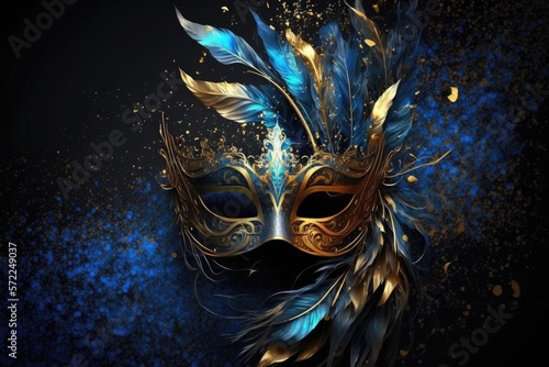 Carnival mask in golden and turquoise on dark background. Front view. Generative ai.