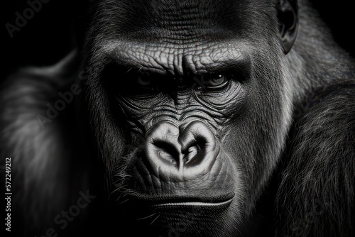 Close up of gorilla face in black and white, Generative AI © Fernando