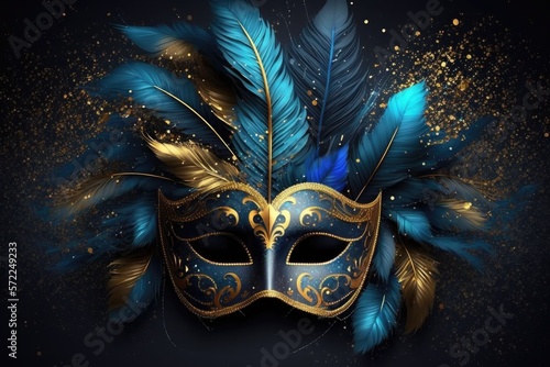 Blue and golden carnival mask with glitter and sparkles. Front view. Generative ai. © FantasyEmporium