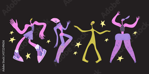 UFO party. Set of vector banner characters in nineties style. Funny man and woman and alien