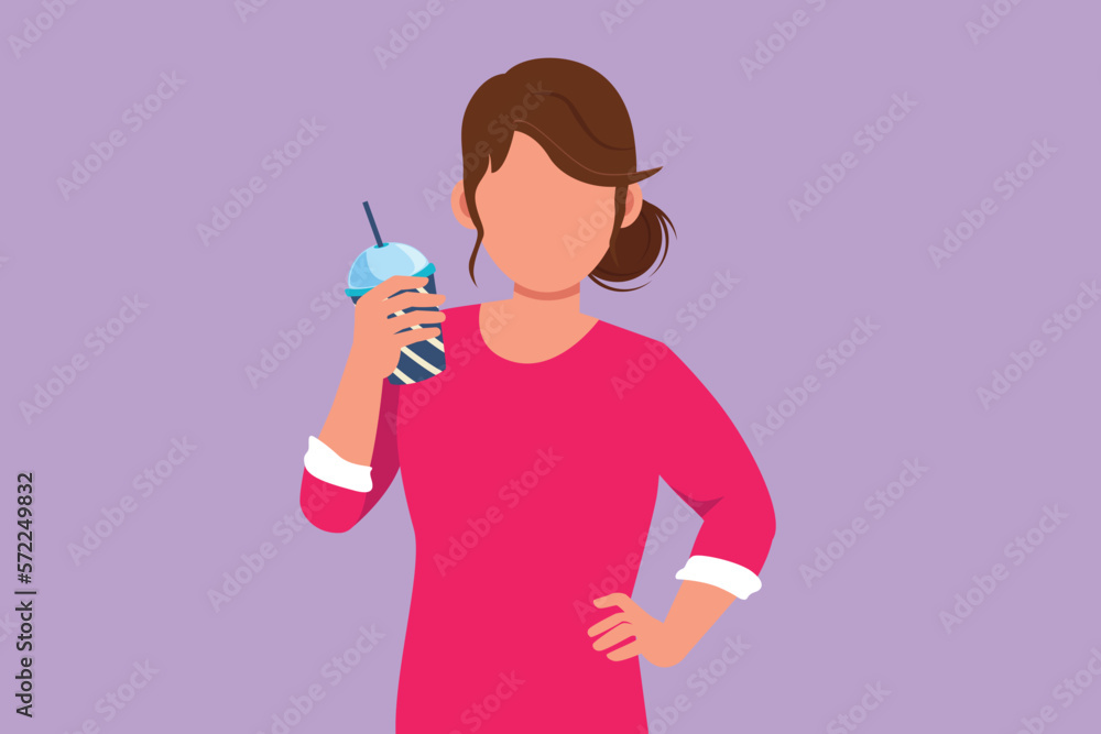 Graphic flat design drawing active woman looking and holding plastic glass of orange juice with one hand on the waist. Feels thirsty and refreshing in summer season. Cartoon style vector illustration Graphic flat design drawing active woman looking and holding plastic glass of orange juice with one hand on the waist. Feels thirsty and refreshing in summer season. Cartoon style vector illustration