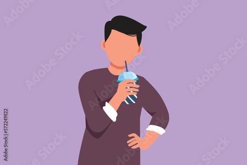 Graphic flat design drawing portrait of young male drinking orange juice from plastic cup with one hand on the waist. Feels thirsty and refreshing in summer season. Cartoon style vector illustration