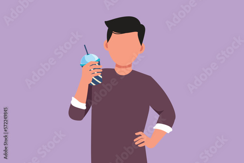 Character flat drawing young handsome man looking and holding plastic glass of orange juice with one hand on the waist. Feel thirsty and refreshing in summer season. Cartoon design vector illustration