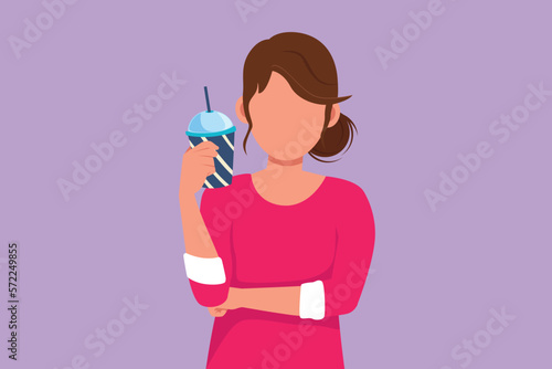 Cartoon flat style drawing beauty woman holding glass of orange juice with one hand folded. Attractive female feels thirsty and try to refreshing in summer season. Graphic design vector illustration