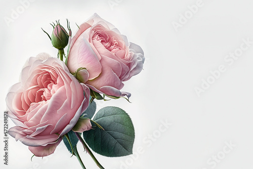 Festive congratulatory bouquet of pink roses with green leaves on a light background. Generative AI, generative artificial intelligence