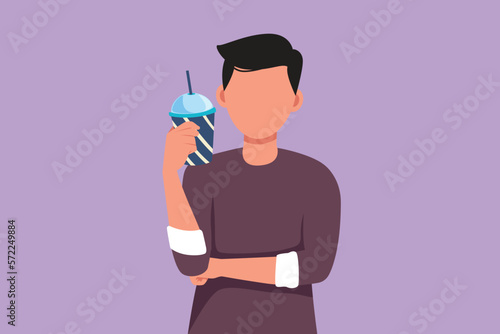 Character flat drawing portrait of handsome man holding glass of orange juice with one hand folded. Young male feels thirsty and try to refreshing in summer season. Cartoon design vector illustration