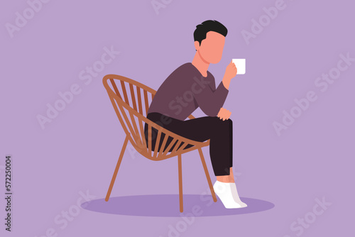Cartoon flat style drawing side view of relaxed guy sitting in lounge chair, watching TV in free time with coffee at home. Tea time or take break after office hour. Graphic design vector illustration