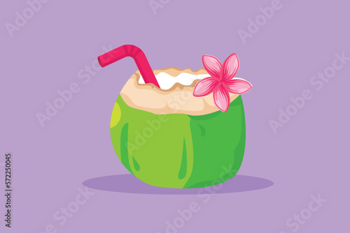 Character flat drawing green coconut with drinking straw and flower. Relieves thirst and dehydration in summer. Coconut drinking water for healthy lifestyle concept. Cartoon design vector illustration