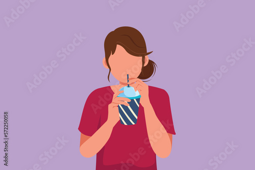 Graphic flat design drawing portrait of woman holding plastic cup and drink orange juice in hot summer. Busy time at office hour. Active female feels thirsty at work. Cartoon style vector illustration