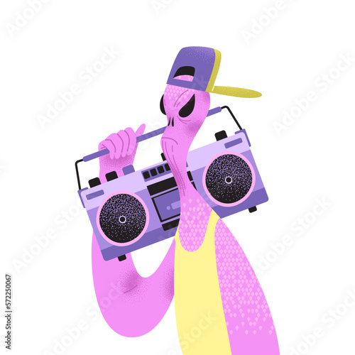 An alien in a cap and a T-shirt with a cassette recorder. Funny isolated character