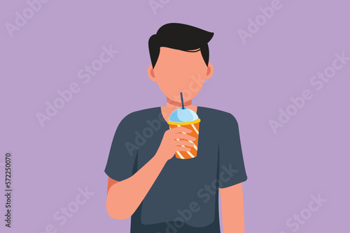Cartoon flat style drawing portrait of man holding plastic cup and drink orange juice in hot summers. Busy time at office hour. Healthy male feels thirsty at work. Graphic design vector illustration