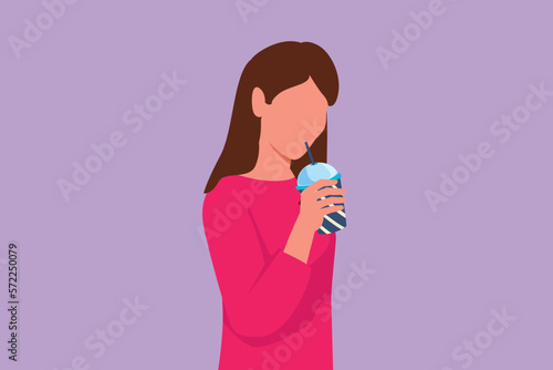 Cartoon flat style drawing of attractive woman drink cold orange juice from plastic cup. Busy time at office hour. Female feel thirsty and try to refresh in summers. Graphic design vector illustration