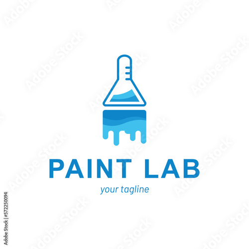 modern paint laboratory logo in blue colors, paint brush, beaker, laboratory logo, industry logo, technology logo