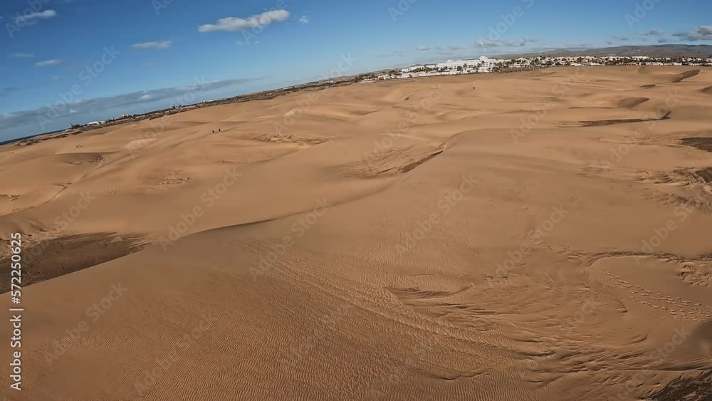 Panoramic aerial scene of the Maspalomas Dunes in Playa del Ingles, Maspalomas, Gran Canaria, Spain. Endless desert sands. Magical safari dunes. Panoramic aerial scene of the Maspalomas Dunes in Playa del Ingles, Maspalomas, Gran Canaria, Spain. Endless desert sands. Magical safari dunes.